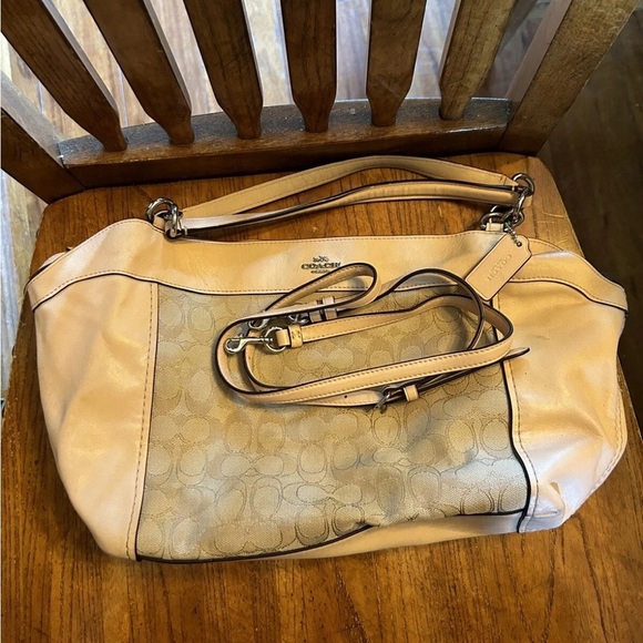 Coach Handbags - Coach Beige w/ Pink Leather Signature Shoulder Bag